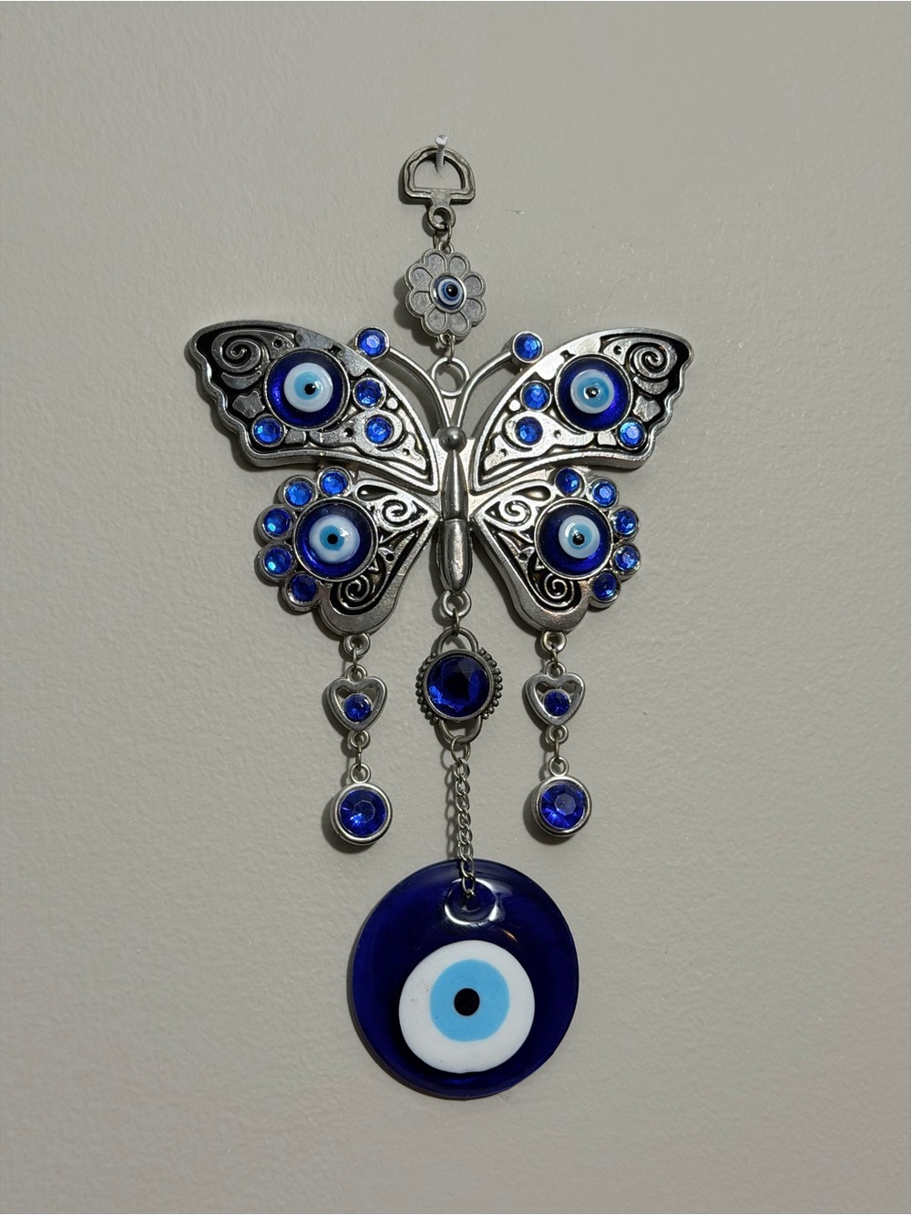 Butterfly Evil Eye Wall Hanging - Blue Silver Tones